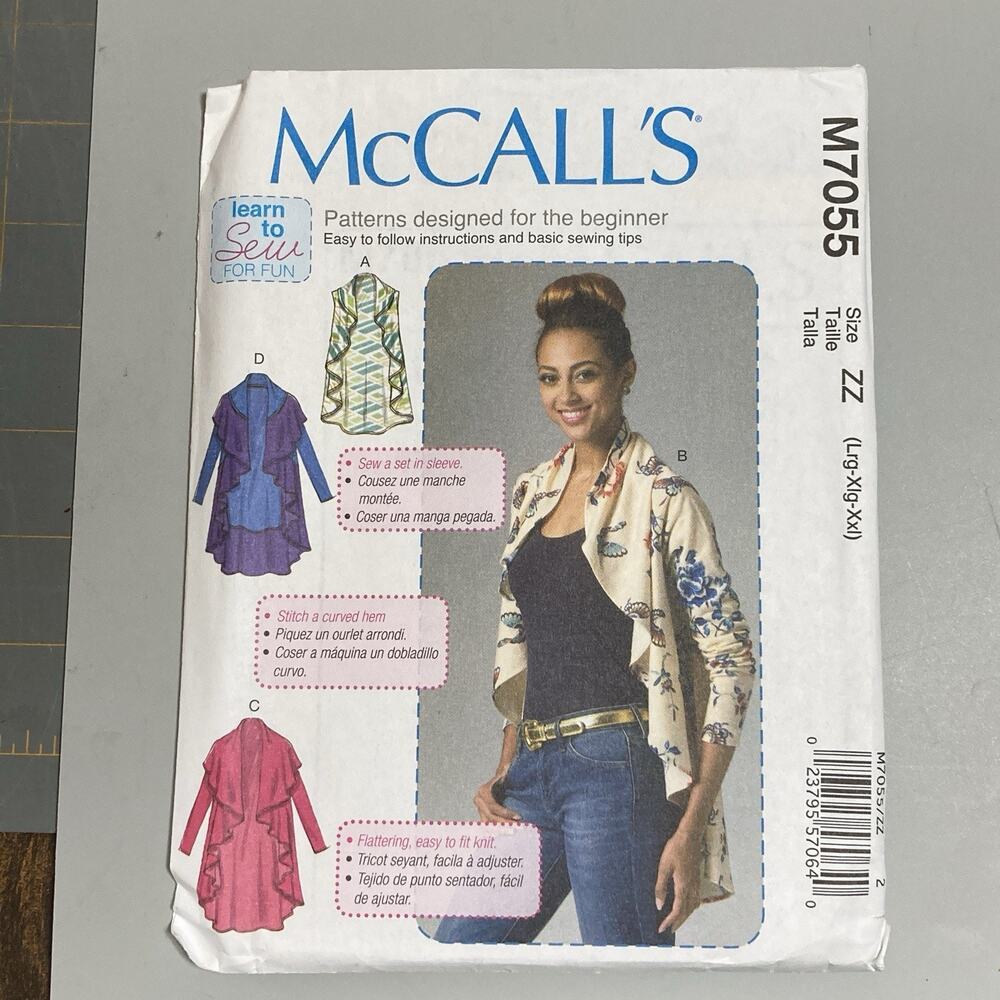 McCalls 7055 Misses Learn To Sew Vest Cardigans Pattern Sz L-XL-XXL 16-26 UNCUT